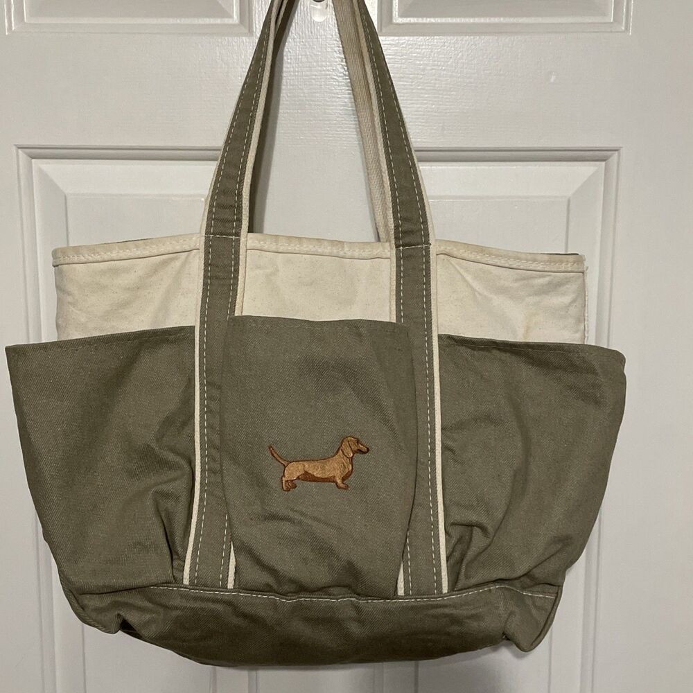Rare Vtg LL Bean Garden Boat & Tote Utility Canvas Bag Zip 6Pocket Dog Dachshund
